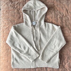 Pink Rose Cream Textured Zip-Up Hoodie Sweater